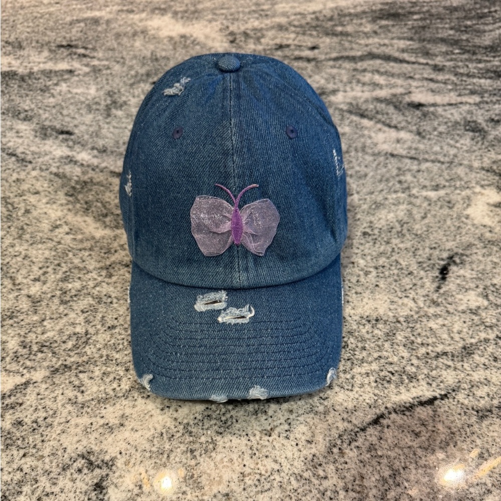 New Custom Designed Blue Distressed Baseball Cap with Lavender Butterfly.